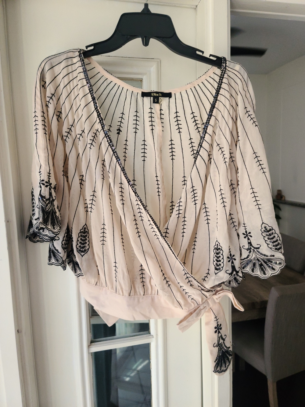 Black Wrap-Front Embroidered Blouse in Light Blush